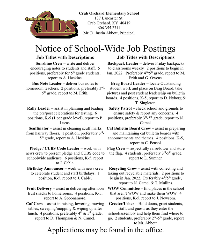 Notice of School-wide job postings