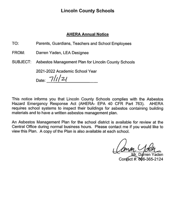 2021-22 AHERA Annual Notice 